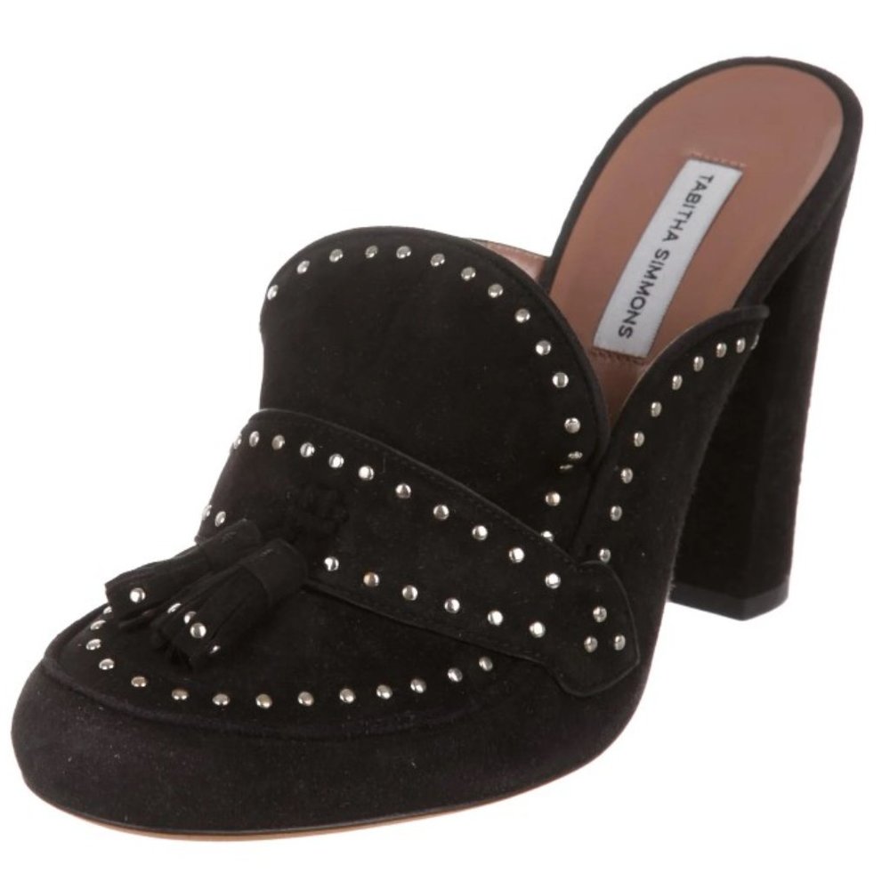 Tabitha Simmons Diana Black Suede Round Toe High Heel Tassel Mules Size …